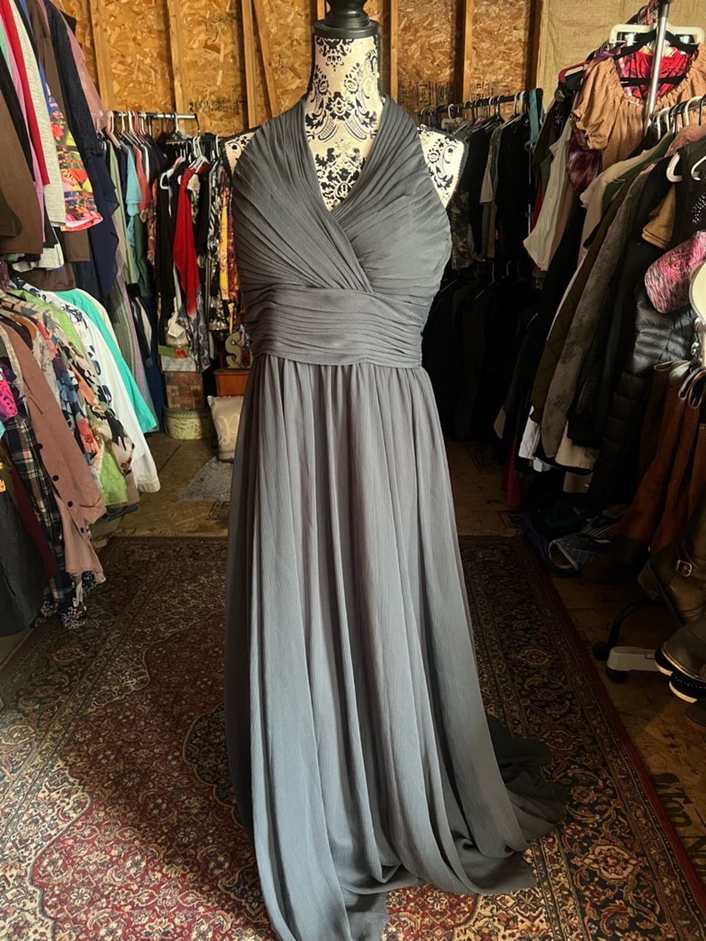 Halter Ruched Maxi Dress in Grey